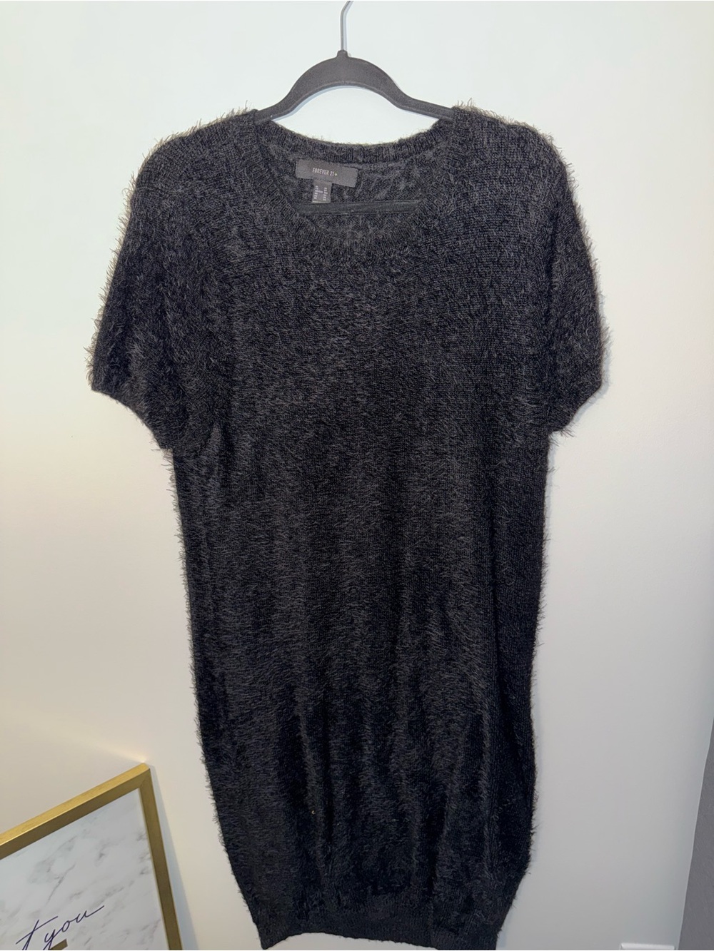 Forever 21 Black Fuzzy Short-Sleeve Sweater Dress